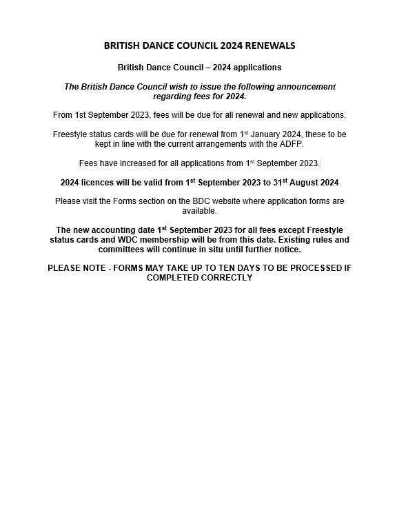 BRITISH DANCE COUNCIL 2024 RENEWALS