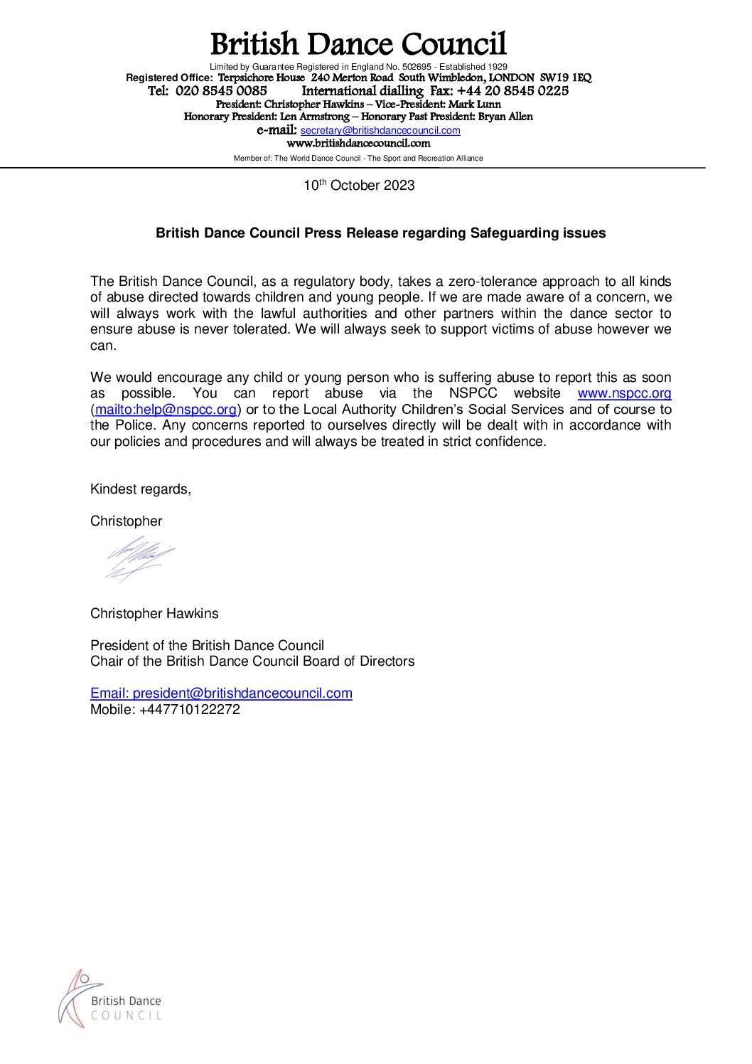 Press Release regarding Safeguarding issues -10-10-23