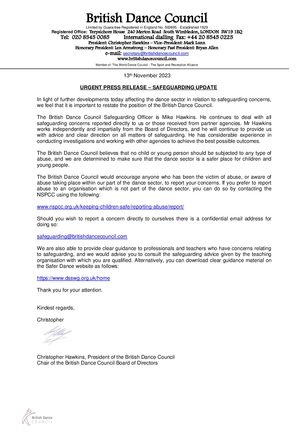 Urgent Press Release - Safeguarding -13-11-23