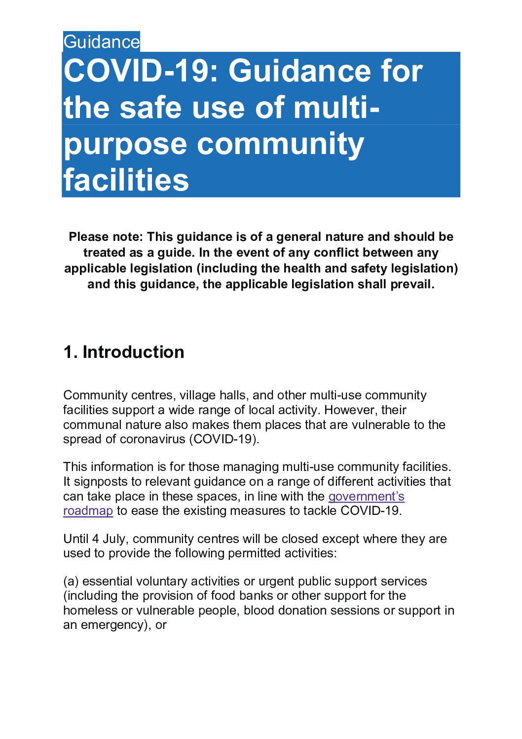 Guidance for the safe use of multi-purpose community facilities